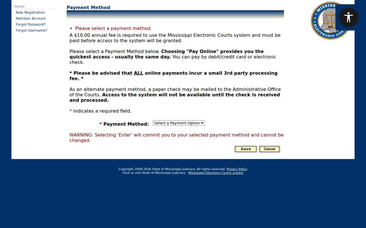 Payment method step for the docket system used to check Calhoun County warrant status