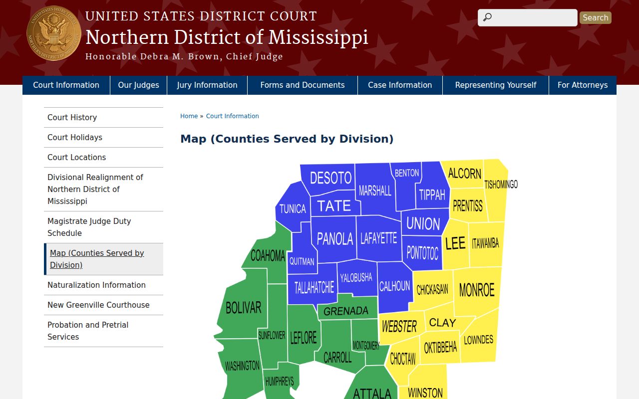 Federal district map placing Calhoun County in the Oxford Division, separate from traffic warrant courts