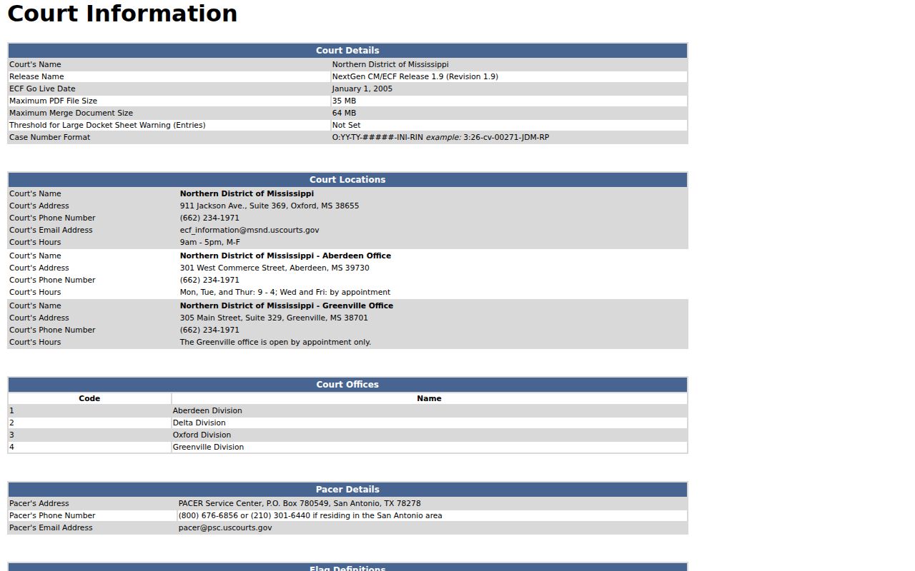Federal court information page contrasting with thin Calhoun County municipal warrant contacts