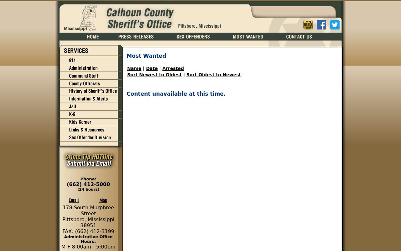 Calhoun County Sheriff Most Wanted warrant page with Name, Date, and Arrested sort controls