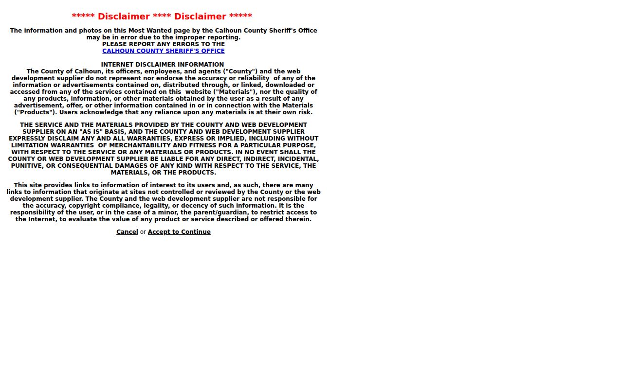 Calhoun County Sheriff disclaimer on warrant and wanted postings about possible reporting errors
